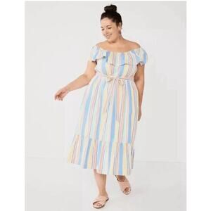 DRAPER JAMES RSVP Off Shoulder Ruffle Sleeve Striped Midi Dress 2X Plus Cotton